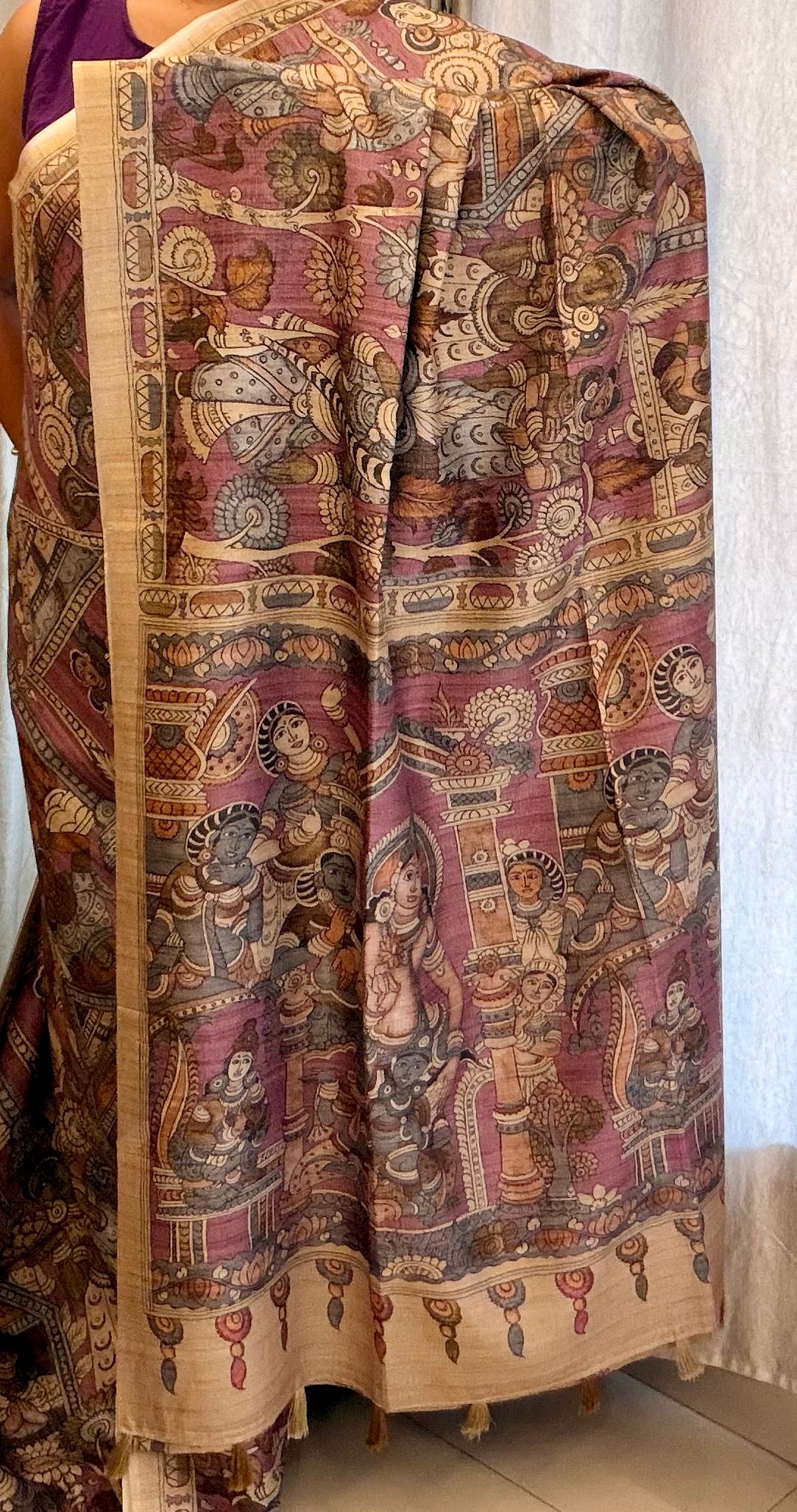 Archaic Elegance: Lilac and Olive Green Kalamkari Tussar Collection