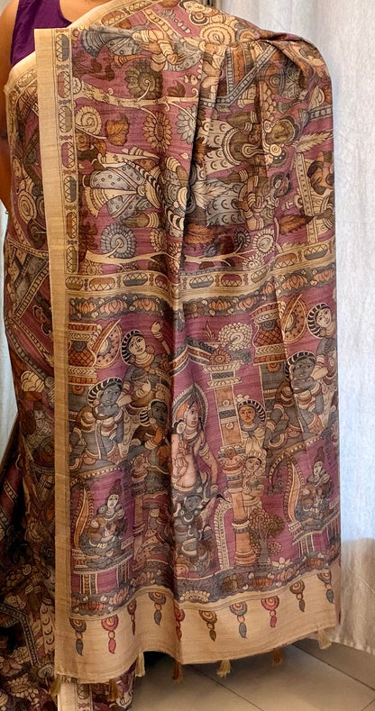 Archaic Elegance: Lilac and Olive Green Kalamkari Tussar Collection