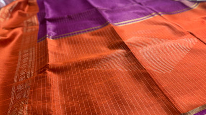 Royal Purple & Tangerine Checkered Tussar Silk Saree