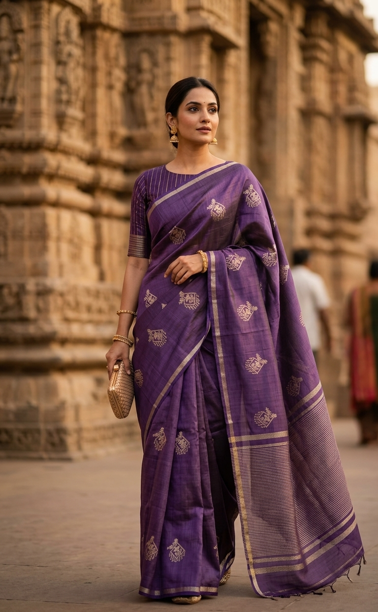 Heritage in Violet: Tussar Silk Saree