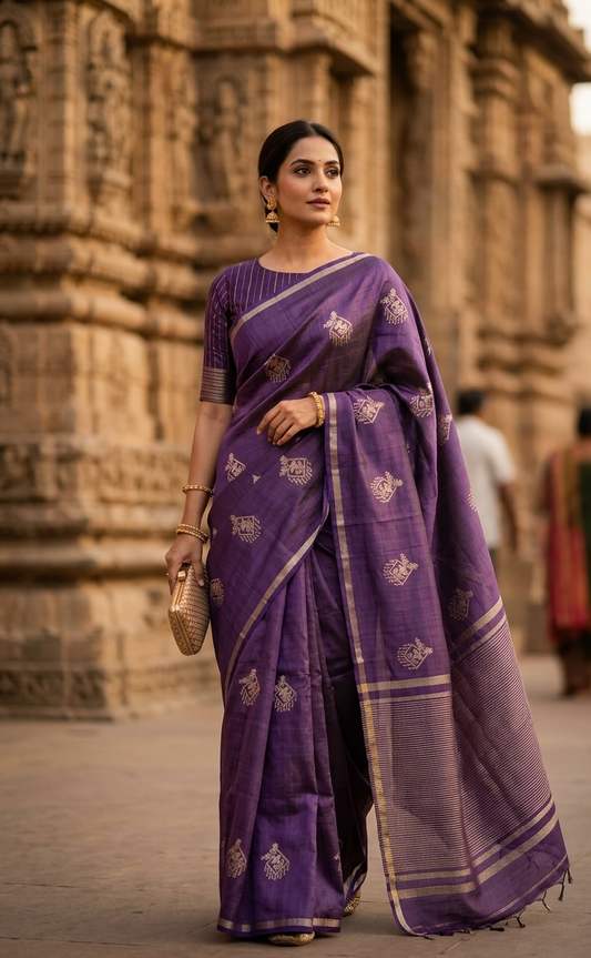 Heritage in Violet: Tussar Silk Saree