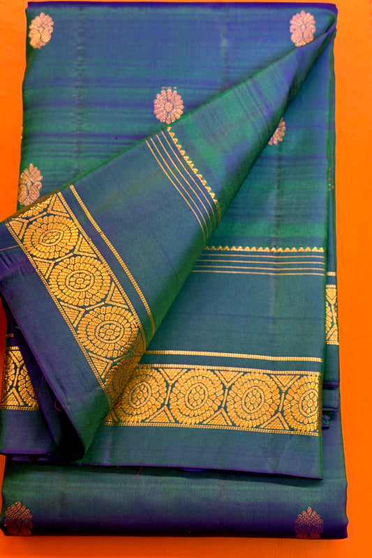 Peacock Blue Pure Silk Saree | Gold Zari Motifs & Traditional Zari Border