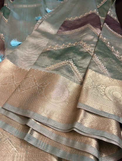 Embroidered Aura Tissue Silk Sarees with Ornate Zari Border