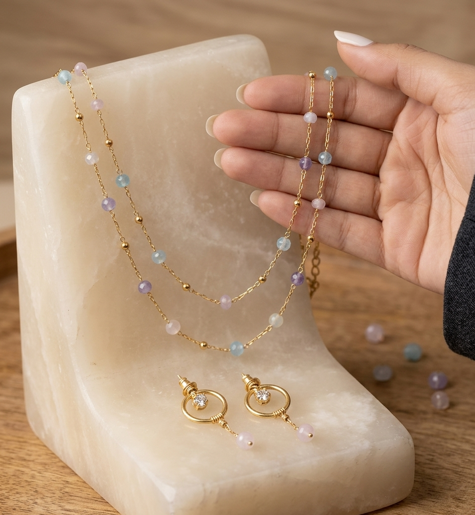 The Pastel Serenade Set | Delicate Gold & Multi-Gemstone Necklace and Earring Duo