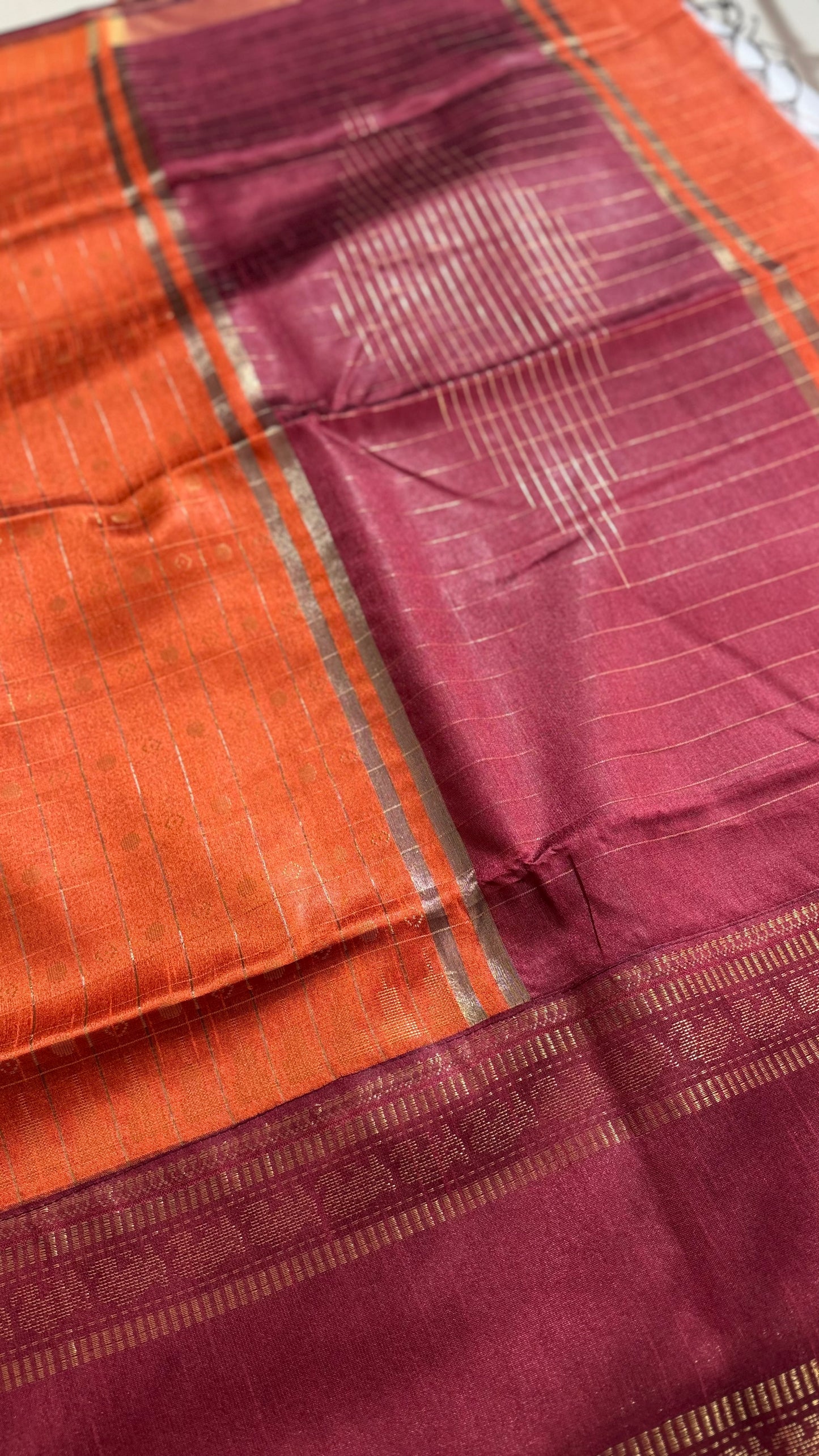 Rust Orange & Maroon Handwoven Tussar Silk Saree