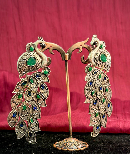 Long Peacock Earrings in Oxidised German Silver