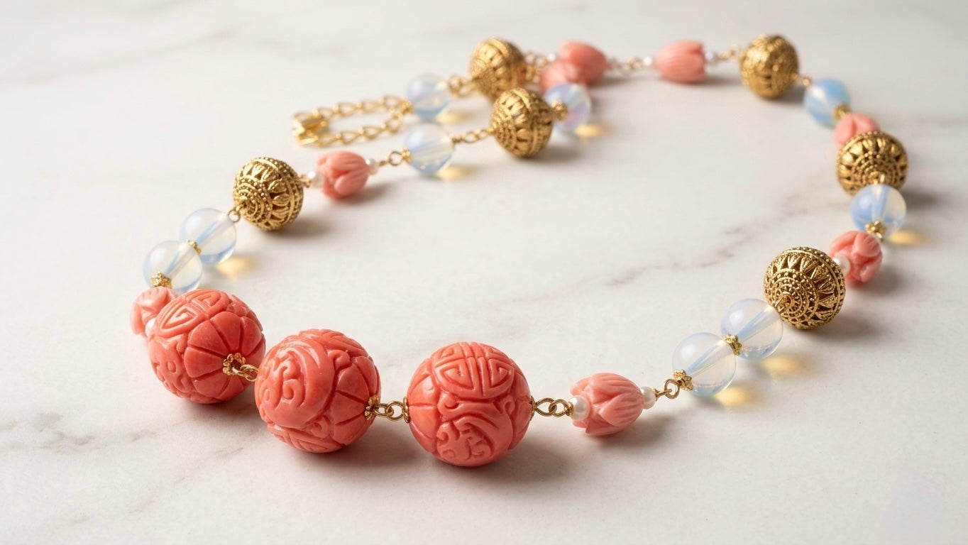 The Imperial Coral & Opalite neckpiece