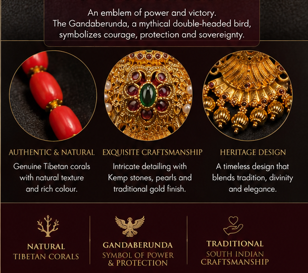 Natural Tibetan Coral Necklace with Statement Gandaberunda Pendant