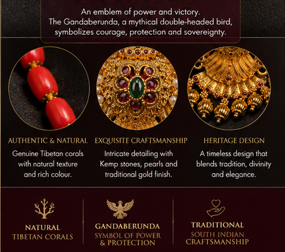 Natural Tibetan Coral Necklace with Statement Gandaberunda Pendant