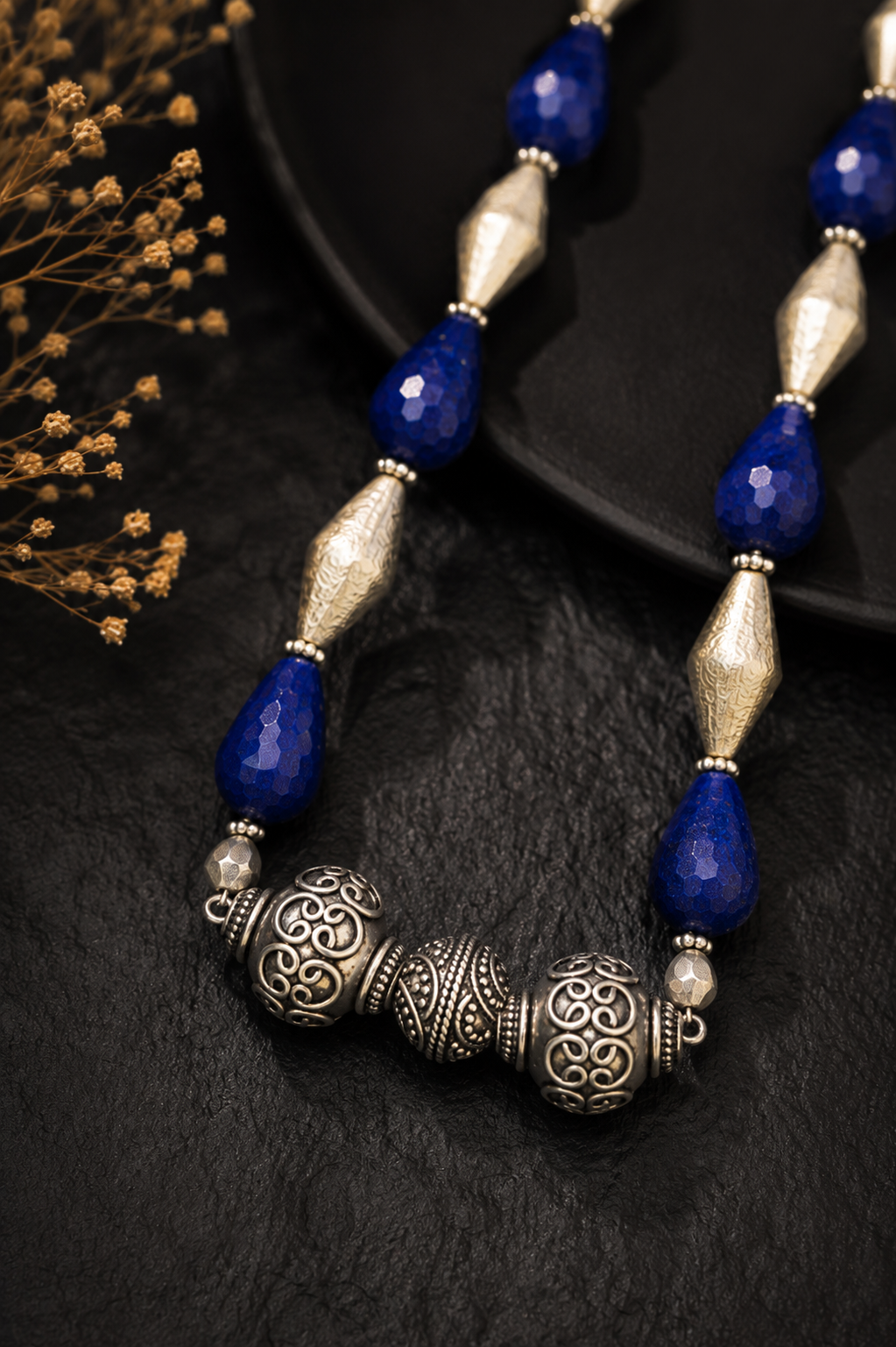 Blue Semi-Precious Necklace with Silver Beads | Statement Jewellery