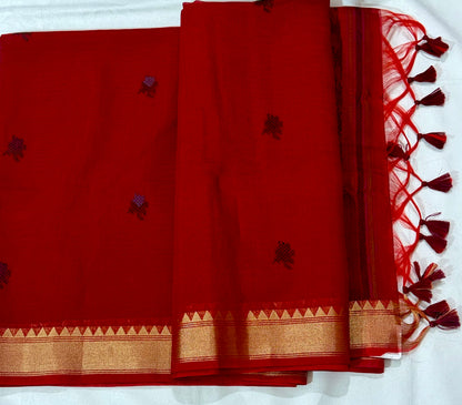 Textured Muga Saree with Woven Parrot Pallu & Temple Zari Border
