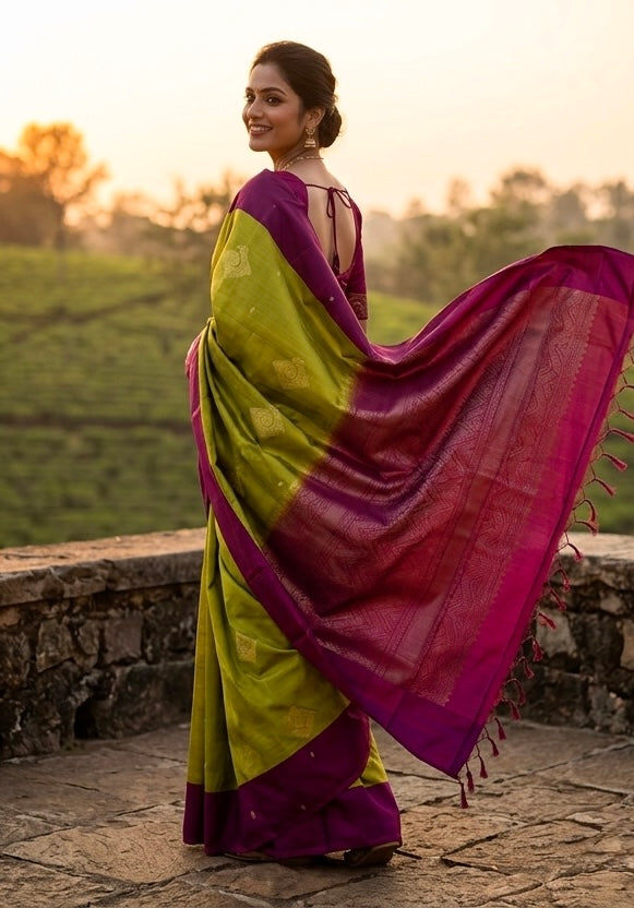 Chartreuse Green & Maroon Pure Silk Saree