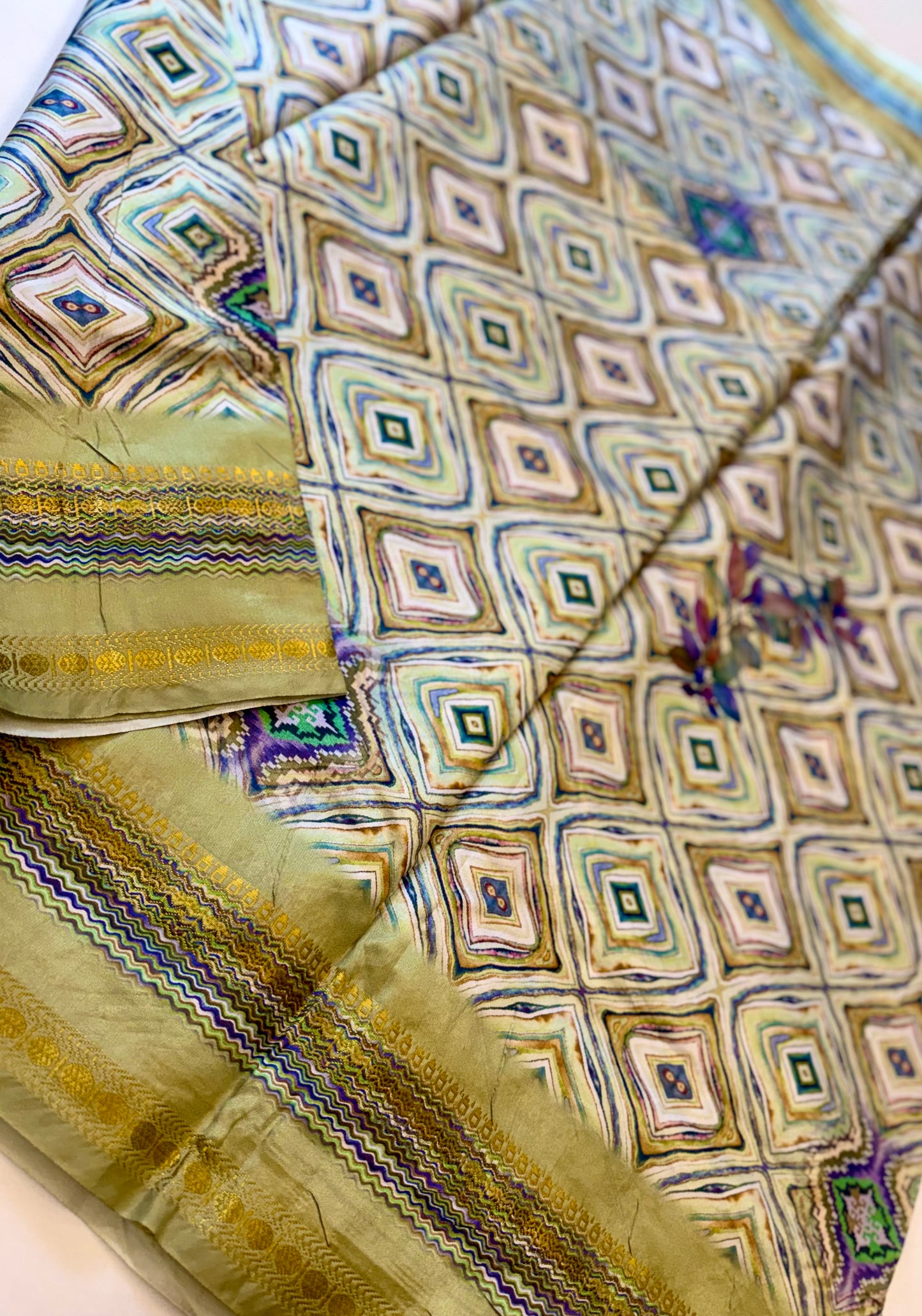 The Avant-Garde Mosaic Silk Saree – Olive & Sage with Abstract Geometric Ikats