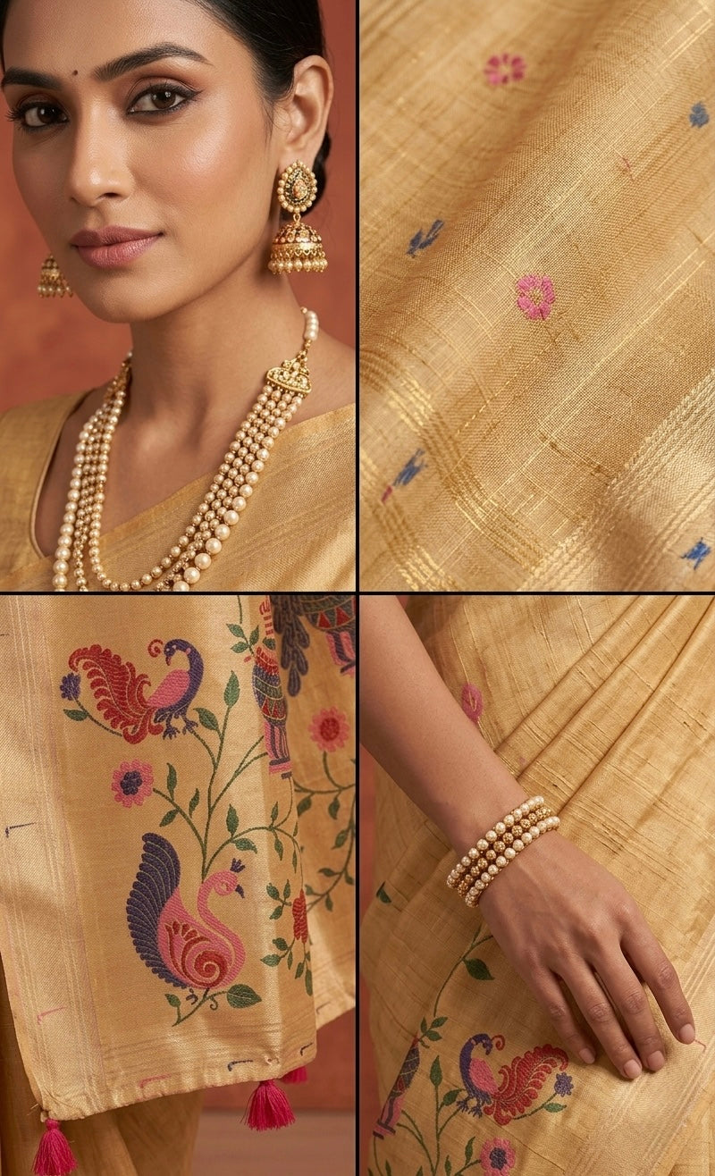 Swarna Muga: Weaved Muga Cotton Saree with Zari Tissue Pallu