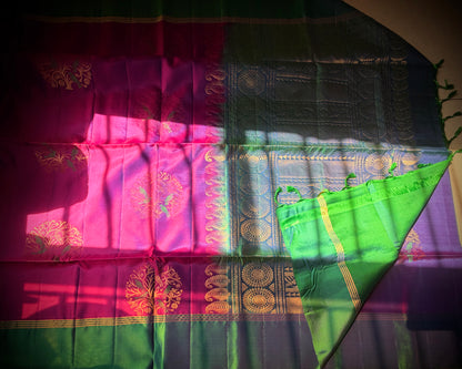 The Artisan’s Soul - The Parrot Grove Pure Silk Saree in Vibrant Magenta and Emerald