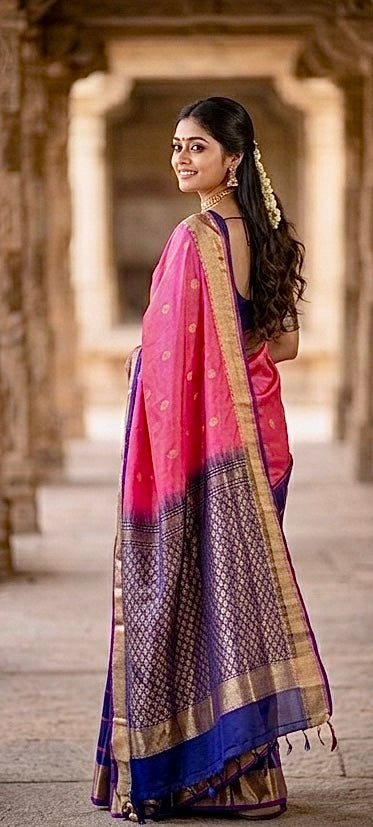 Radiant Rose & Blue: Handwoven Kanjivaram Masterpiece