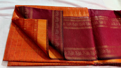 Rust Orange & Maroon Handwoven Tussar Silk Saree