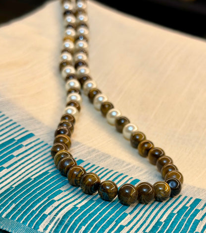 Natural Tiger Eye & Pearl Beaded Necklace Set with Earrings | Hridha