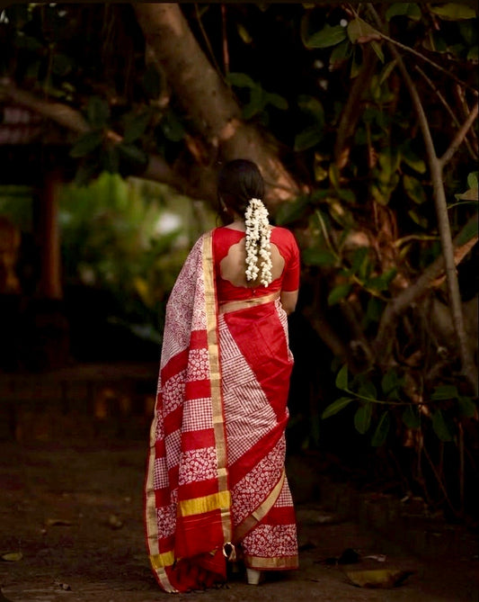 Bright red & white cotton saree