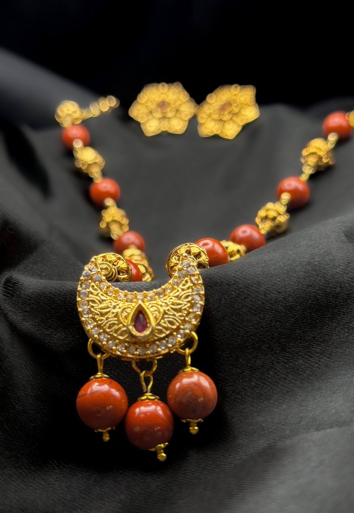 Amara Crescent Necklace Set in Red Jasper and Antique Gold