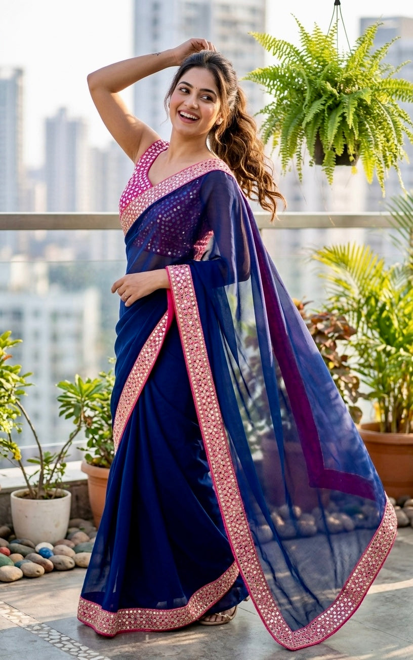 Georgette with Mirror work saree