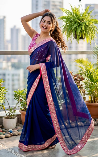 Georgette with Mirror work saree
