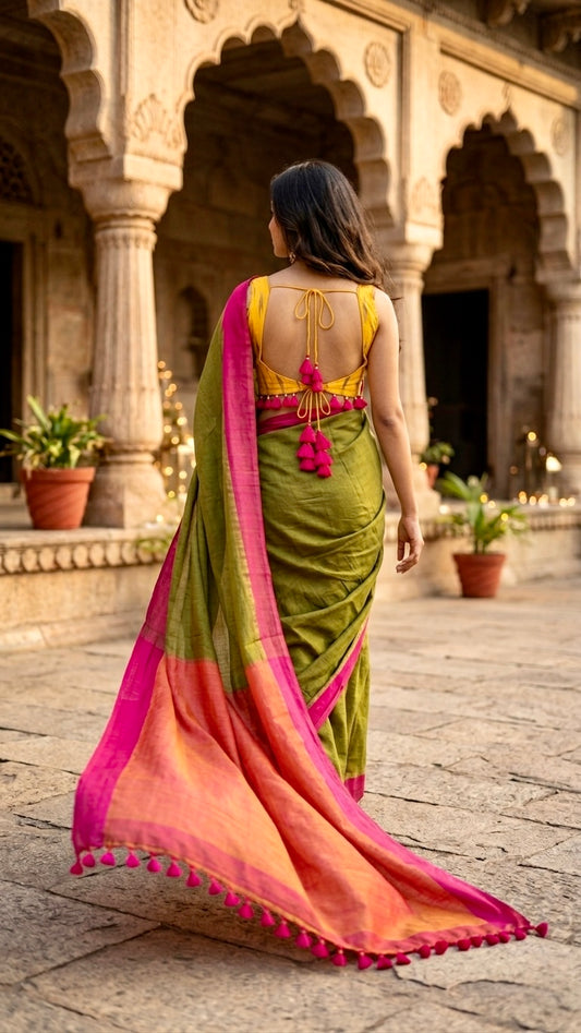Vibrant Earth: Pure Cotton Saree in Olive with Pink & Orange Pallu