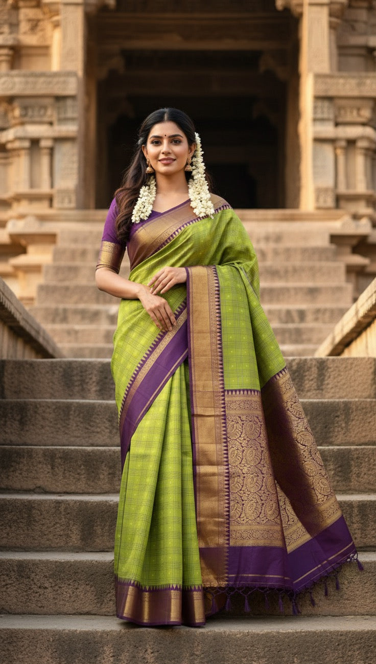 Emerald Vineyard | Parrot Green Kanchipuram Korvai Silk with Plum Purple Pallu