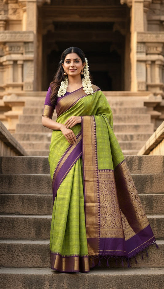 Emerald Vineyard | Parrot Green Kanchipuram Korvai Silk with Plum Purple Pallu