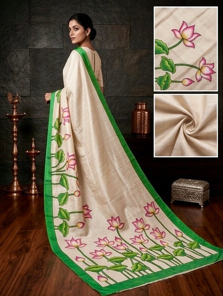 Sacred Pond | Off-White Tussar Silk Saree with Lotus Blooms