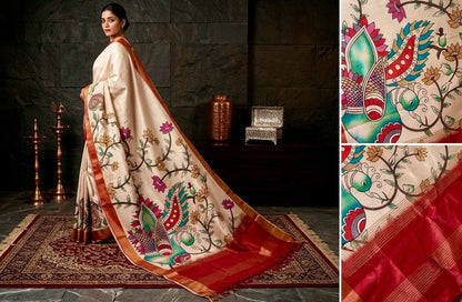 Kalamkari Peacock | Off-White Tussar Silk with Peacock Art
