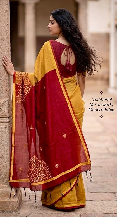 Amber Glow Silk Cotton Saree with Maroon Mirror-Work Pallu