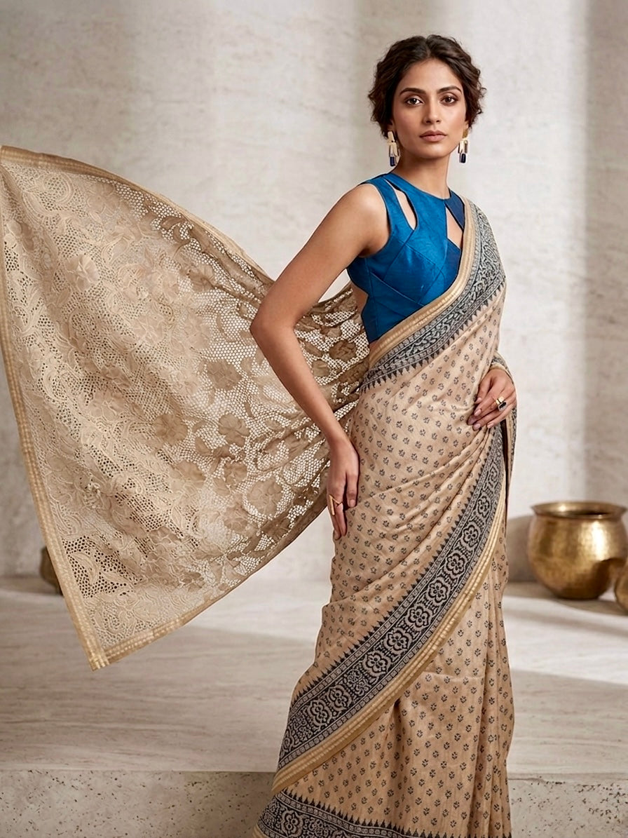 Ivory Filigree | Beige Tussar Silk Saree with Ornate Cutwork Pallu