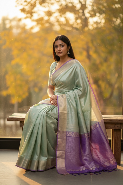 Lavender Frost | Seafoam Green Soft Silk with Royal Purple Zari Pallu
