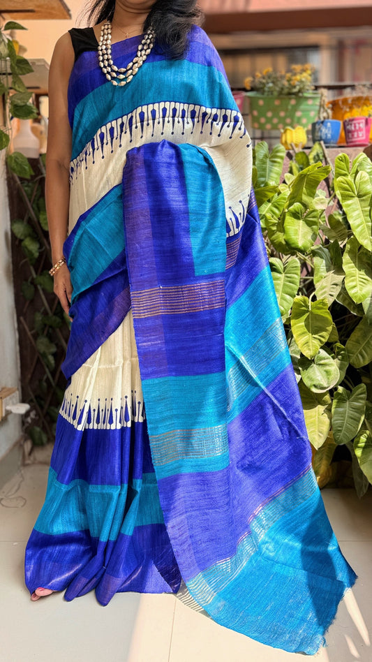 Gorgeous Tussar ghicha saree with block prints