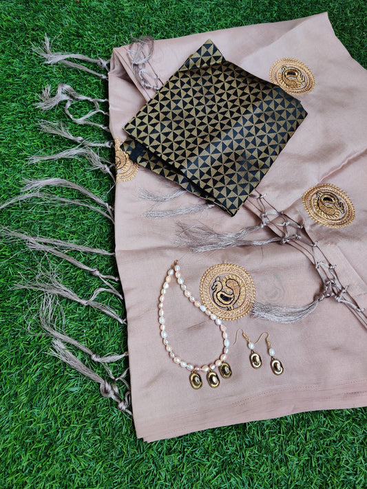 Ash peacock embroidery saree with kundan and pearls set