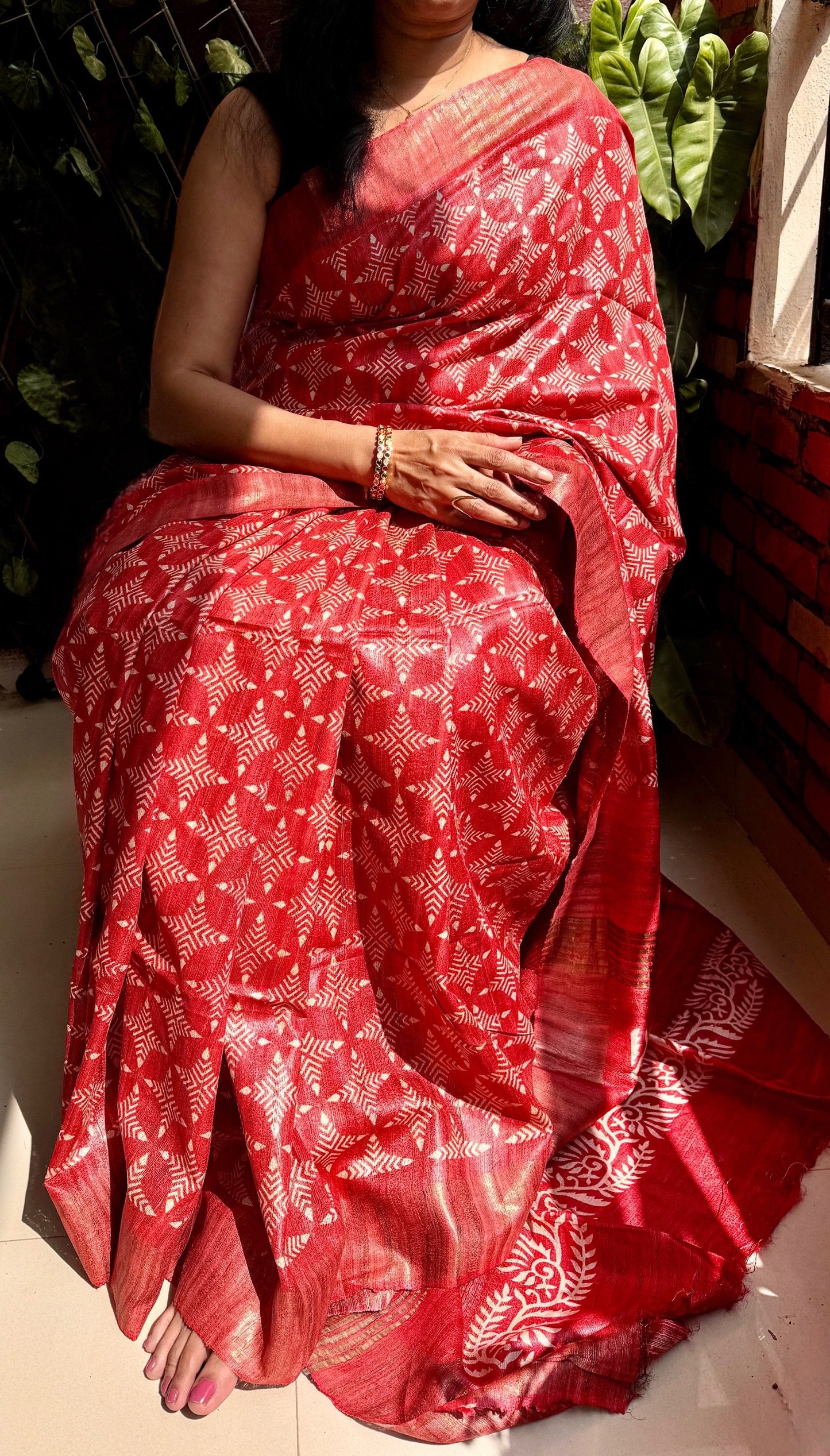 Tussar ghicha saree with block prints
