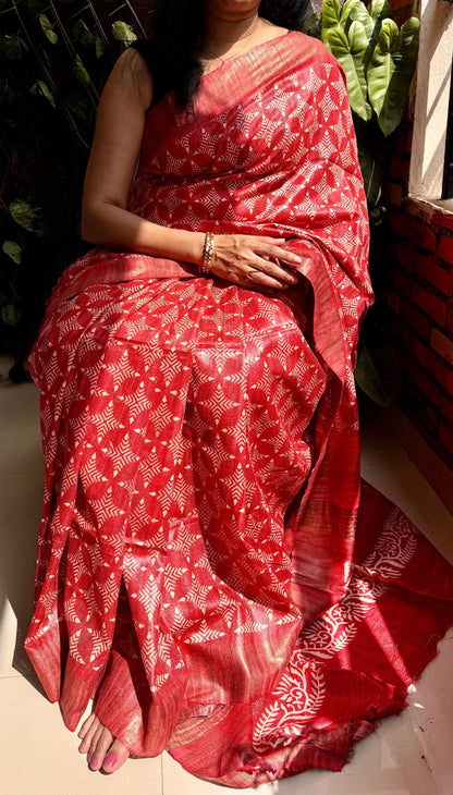 Tussar ghicha saree with block prints