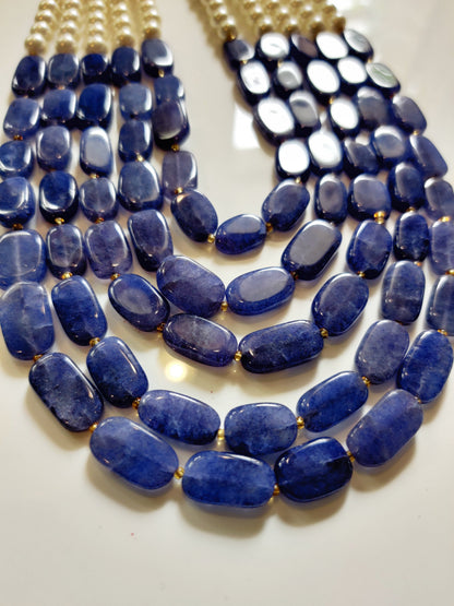 Multi line Pearls with blue semiprecious stones