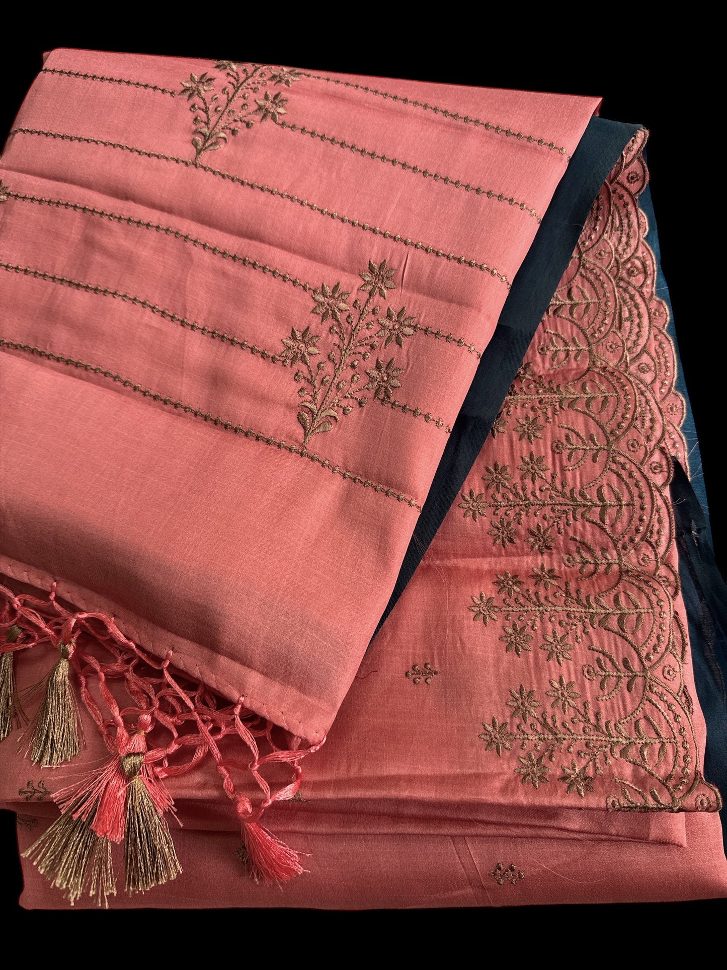 Peach Raw silk embroidery saree