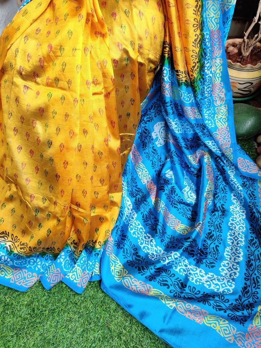 Yellow-blue printed silk