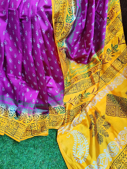 Semi Murshidabad silk saree with block