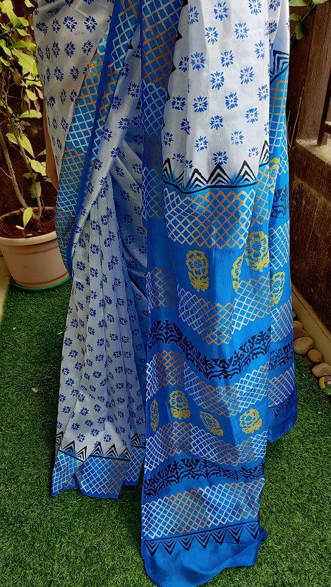 Semi Murshidabad silk saree with block