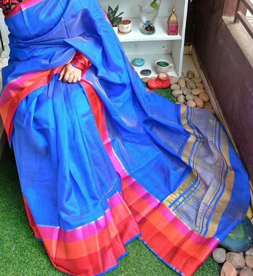 Blue Tussar silk with simple border