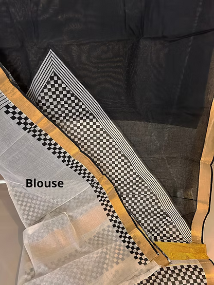 Black & white block print cotton saree