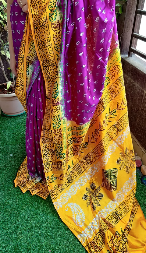 Semi Murshidabad silk saree with block