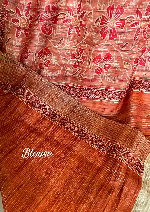 Saffron Ajrakh silk saree with block prints
