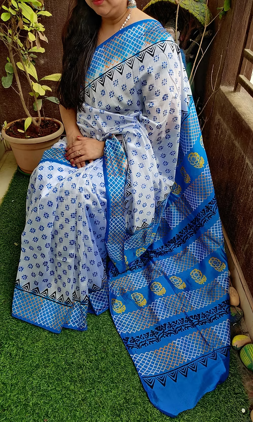 Semi Murshidabad silk saree with block