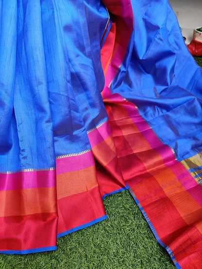 Blue Tussar silk with simple border