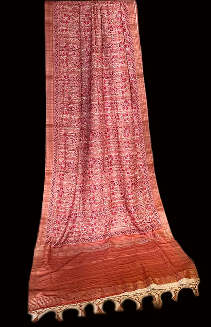 Saffron Ajrakh silk saree with block prints